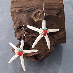 Natural Starfish, Shell, Red Coral and Turquoise Earrings (Thailand)