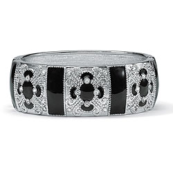 Lillith Star Silvertone Black Enamel Glass Filigree Bangle Bracelet