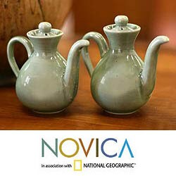 Set of 2 Ceramic 'Modern Jade' Oil and Vinegar Pitchers (Indonesia)