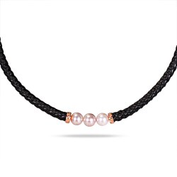 Goldtone Pink Freshwater Pearl Leather Necklace (9-10 mm)