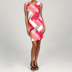 London Times Women's Coral/Magenta Geometric Cotton Sateen Shift Dress