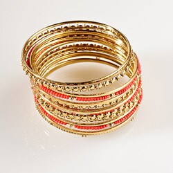 Creative Design Group Goldtone Red Bead Bangle Bracelet Set