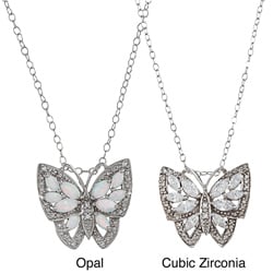 Sterling Silver White CZ or Opal Antique-finished Butterfly Necklace