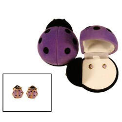 Gold over Silver Purple and Black Enamel Ladybug Earrings