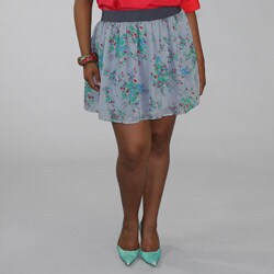 INES Collection Women's Plus Size Grey Floral Print Chiffon Flared Mini Skirt