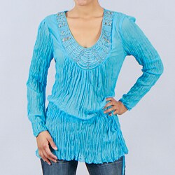 Kaelyn Max Women's Plus Size Sky Blue Beaded Crinkle Tunic 