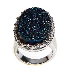 Adee Waiss Silvertone Blue Druzy Oval Ring