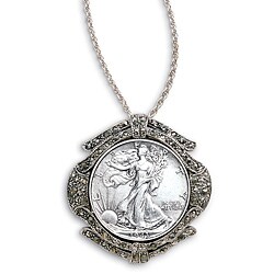 American Coin Treasures Silver Walking Liberty Half Dollar Marcasite Coin Pin/Pendant