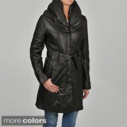 Knoles & Carter Women's Puff Collar Quilted Sleeves Belted Leather Coat