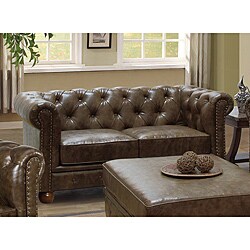 Mocha Tufted Leather Loveseat with Nailheads