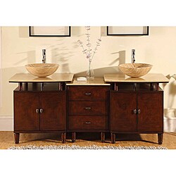 Silkroad Exclusive Travertine Stone Top 73-inch Double Sink Bathroom Vessel Vanity
