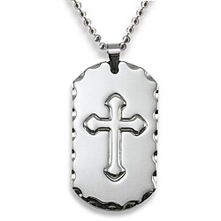 Stainless Steel Antiqued Edge and Raised Cross Dog Tag Necklace