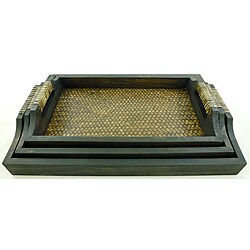 Woven Rattan & Monkey Wood Nesting Tray Set (Set of 3)