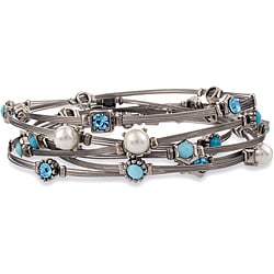 Silvertone Blue Multi-stone Wire Bracelet Set