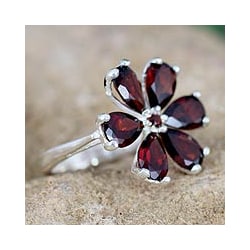 Sterling Silver 'Perfect Petals' Garnet Floral Ring (India)