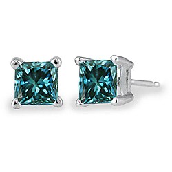 14k White Gold 1ct TDW Blue Diamond Solitaire Earrings
