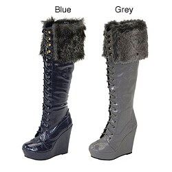 I-Comfort Women's Knee-high Faux Fur Patent Lace-up Boots