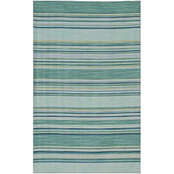 Flat Woven Green Striped Wool Rug (10' x 14'')