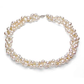 DaVonna Sterling Silver White FW Pearl 3-row Twisted Necklace with Gift Box