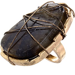 Goldtone Wire-wrapped Charcoal-dyed Stone Slice Ring