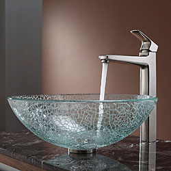 Kraus Broken Glass Vessel Sink and Virtus Faucet Brushed Nickel