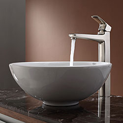 Kraus White Round Ceramic Sink and Virtus Faucet Brushed Nickel