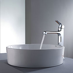 Kraus White Round Ceramic Sink and Decorum Faucet Chrome