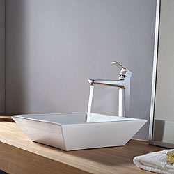 Kraus White Square Ceramic Sink and Virtus Faucet Chrome