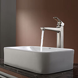 Kraus White Rectangular Ceramic Sink and Virtus Faucet Brushed Nickel