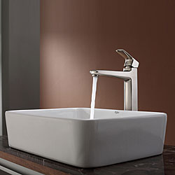 Kraus White Rectangular Ceramic Sink and Virtus Faucet Brushed Nickel