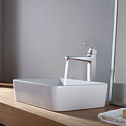 Kraus White Rectangular Ceramic Sink and Virtus Faucet Chrome