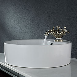 Kraus White Round Ceramic Sink and Apollo Basin Faucet Brushed Nickel