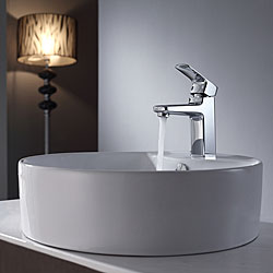 Kraus White Round Ceramic Sink and Virtus Basin Faucet Chrome