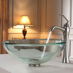 Kraus Clear 19mm thick Glass Vessel Sink and Ventus Faucet Brushed Nickel