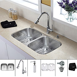 Kraus 32 inch Undermount Double Bowl Stainless Steel Kitchen Sink with Chrome Kitchen Faucet and Soap Dispenser