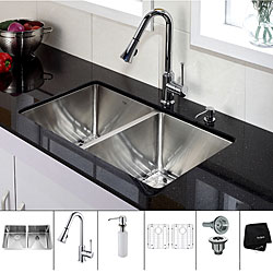 Kraus 33 inch Undermount Double Bowl Stainless Steel Kitchen Sink with Chrome Kitchen Faucet and Soap Dispenser