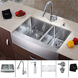 Kraus 36 inch Farmhouse Double Bowl Stainless Steel Kitchen Sink with Chrome Kitchen Faucet and Soap Dispenser