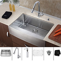 Kraus 36 inch Farmhouse Single Bowl Stainless Steel Kitchen Sink with Chrome Kitchen Faucet and Soap Dispenser