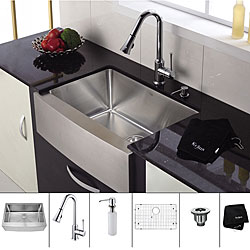 Kraus 30 inch Farmhouse Single Bowl Stainless Steel Kitchen Sink with Chrome Kitchen Faucet and Soap Dispenser