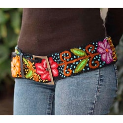 Wool 'Black Night Bouquet' Leather Trim Belt (Peru)