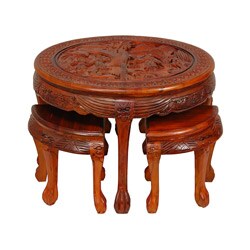 Carved Circular Coffee Table with Stools (China)
