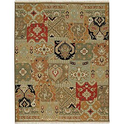 Hand-knotted Green/ Red Wool Rug (6' x 9')