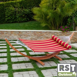 Cantina Arc Hammock Stand with Striped Poly Hammock with Bolster Pillow