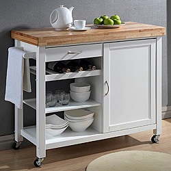Denver White Modern Kitchen Cart with Butcher Block Top