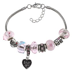 La Preciosa Silverplated Pink Bead and 'I Love You' Heart Charm Bracelet