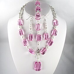 Pink Rectangle Crystals and White Pearls Jewelry Set