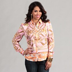 WDNY Women's Long Sleeve Button Front Pink Print Blouse