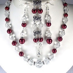 Deep Red Pearl and Clear Crystal Jewelry Set