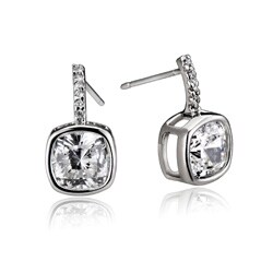 Sterling Silver Clear Cubic Zirconia Square Drop Earrings