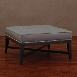 Valencia Charcoal Leather Nail Head Ottoman